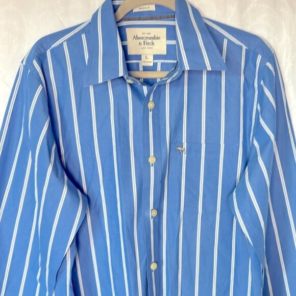 ABERCROMBIE & FITCH Brown Moose Blue & White striped Men’s Shirt Size Large. - Picture 4 of 6
